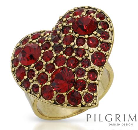 PILGRIM-24mm RED CRYSTAL HEART COCKTAIL RING